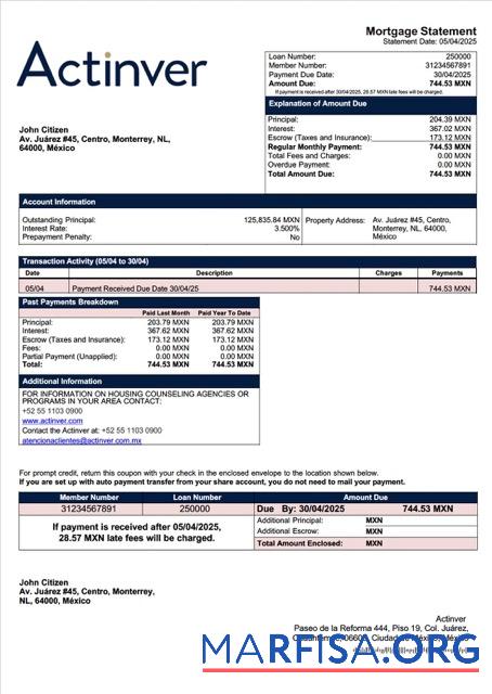 Printable Mexico Actinver mortgage statement Word and PDF template